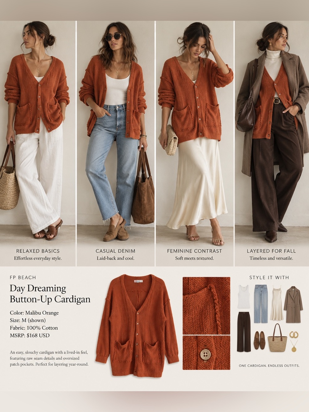 Free People Day Dreaming 100% Cotton Oversized Cardigan Malibu Orange | - Picture 8 of 8
